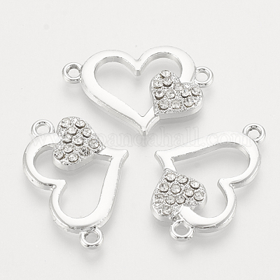 合金ラインストーンリンクコネクター ハート プラチナ 16.5x25x3mm 穴