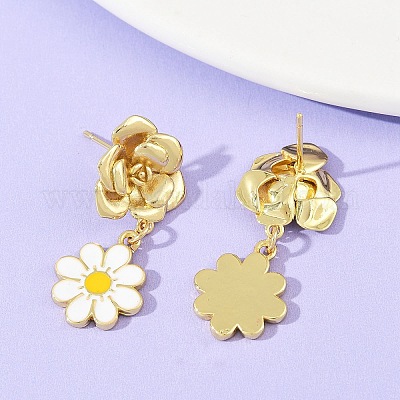 Серьги-гвоздики из латуни с подвесками в виде цветка маргаритки EJEW-S277-04G-1