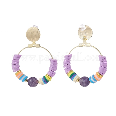 Multi Colored Purple Clay Beads Hoops