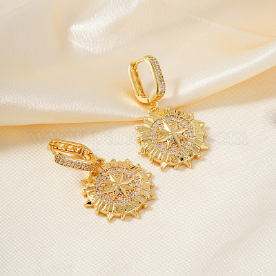 Латунные прозрачные кубические цирконии плоские круглые серьги-кольца со звездой JU6465-1-1