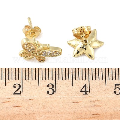 Серьги-гвоздики из латуни с микропаве из прозрачных кубических цирконий в виде пчел и цветов EJEW-C145-01G-1