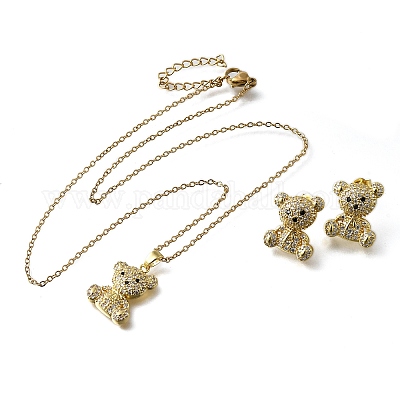 Комплекты серег-гвоздиков и ожерелий с подвесками из латуни с микропаве из кубических цирконий SJEW-Z002-01G-1