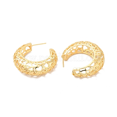 Серьги-гвоздики с полым сердцем из латуни с реечным покрытием EJEW-F308-04G-1