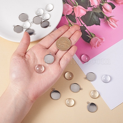 Оправы для подвесок из нержавеющей стали 304 и кабошоны из прозрачного полукруглого стекла STAS-X0017-12P-16mm-1