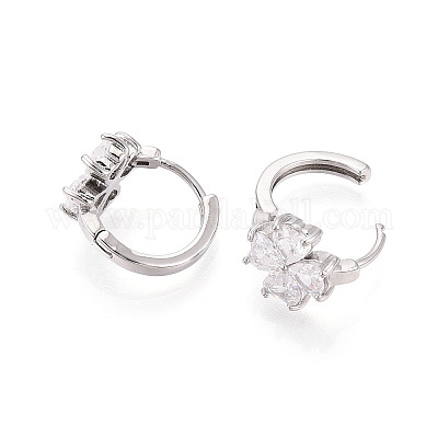 Серьги-кольца с клевером из латуни с микропаве из прозрачных кубических цирконий EJEW-T048-42P-1