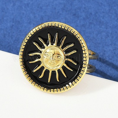 Плоские круглые с рисунком солнца эмалевые кольца из нержавеющей стали 304 для женщин RJEW-G355-05G-1