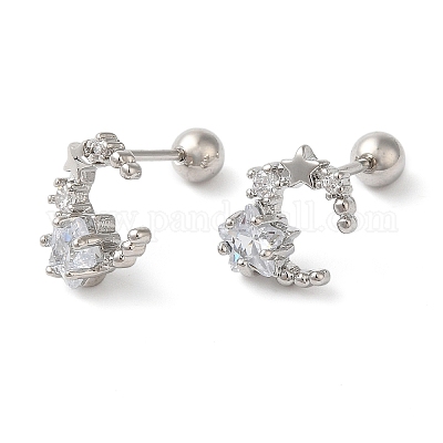 Серьги-гвоздики для хряща из латуни с микропаве из прозрачного кубического циркония EJEW-L289-01P-01-1