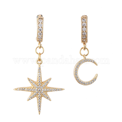 KaFu Orecchini Asimmetrici Stella E Luna, Oro Con Strass, Pendenti Per Donna, Metallo Placcato 14K