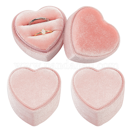 ハートベルベットで覆われた厚紙のカップルリング収納ボックス  結婚指輪のダブルリングケース  婚約ギフト好意  ピンク  5.4x5.6x4.1cm CON-WH0087-81B-1