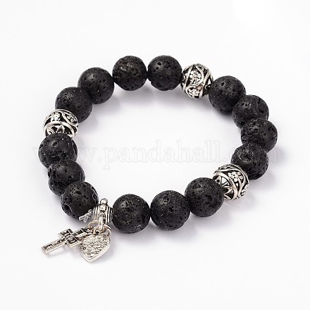Bracelets extensibles à breloques en perles de lave avec croix et cœur BJEW-D322-01-1