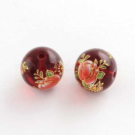 Flower Picture Transparent Glass Round Beads GFB-R004-14mm-R19-1