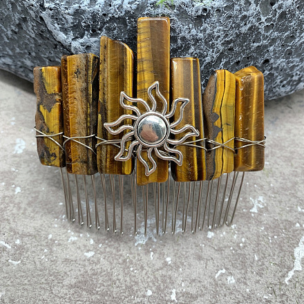Sun Wire Wrapped Natural Tiger Eye Hair Combs PW-WG56832-09-1