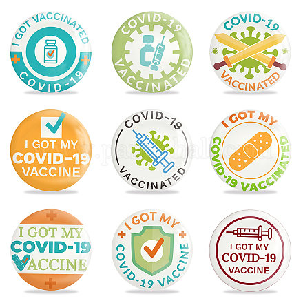 GLOBLELAND 9Pcs Health Tinplate Brooch Unisex Pins Bag Accessories Covid-19 Vaccine Pins Buttons JEWB-WH0013-002-1