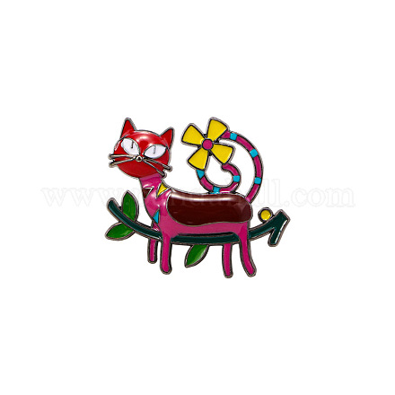 花のバッジを付けた猫  合金エナメルピン  かわいい漫画のブローチ  レッド  30x25mm PW-WG96117-03-1