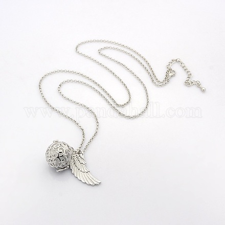 Trendy Women's Long Rolo Chain Brass Cage with Wings Locket Pendant Necklaces NJEW-L083-14-1