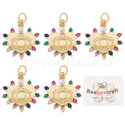 Beebeecraft 5Pcs/Box Evil Eye Charms 18K Gold Plated Brass Heart with Turkish Eye Pendants with Colorful Cubic Zirconia and Jump Ring for DIY Bracelet Necklace ZIRC-BBC0001-19-1