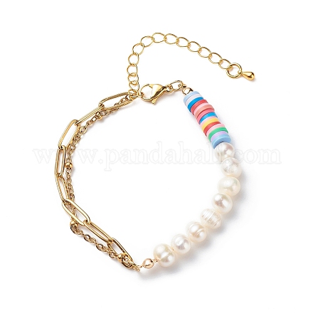 Bracelet perlé en perles naturelles et argile polymère avec 304 chaîne de trombone en acier inoxydable pour femme BJEW-JB08844-1
