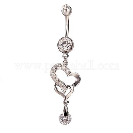 Piercing Jewelry Real Platinum Plated Brass Rhinestone Heart to Heart Navel Ring Belly Rings AJEW-EE0001-61-1