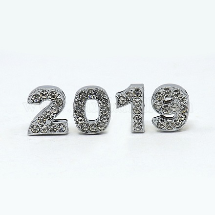 2019年の日付のチャームの白金合金ラインストーン番号スライドチャームセット  女性ベルトのフィットブレスレット  クリスタル  14~15x9~12x5mm  穴：2x11mm RB-A055-2019-1