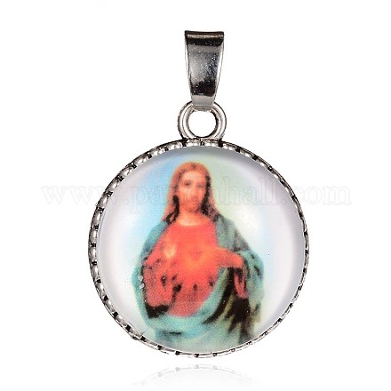 Flat Round with Jesus Antique Silver Alloy Glass Pendants PALLOY-J688-01AS-1