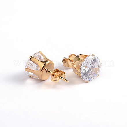 Flat Round 304 Stainless Steel Cubic Zirconia Stud Earrings EJEW-H306-35G-4mm-1