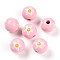 Easter Theme Printed Wood Beads, Round, Pink, 14.5~15x15.5~16.5mm, Hole: 4~4.5mm