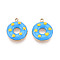 304 Stainless Steel Enamel Pendants, Donut, Ion Plating(IP), Real 18K Gold Plated, Deep Sky Blue, 15x13x3mm, Hole: 1.5mm