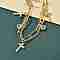 Brass Micro Pave Clear Cubic Zirconia Multi-strand Charm Bracelets, Paperclip & Rope Chains Bracelets for Women, Cross, Real 18K Gold Plated, 7 inch(17.8cm)