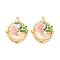 304 Stainless Steel Enamel Pendants, with Resin and ABS Imitation Pearl, Oval with Flower, Ion Plating(IP), Real 18K Gold Plated, Misty Rose, 23x18x4.5mm, Hole: 1.8mm