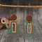 Alloy Wood Dangle Earrings, Flat Round with Rectangle, Antique Golden, Dark Sea Green, 78x30mm