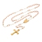 Ion Plating(IP) Crucifix Cross 304 Stainless Steel Rosary Bead Necklaces, with Acrylic Beads, Lavender Blush, 25.98 inch(66cm)