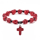 Natural Mashan Jade Skull Beaded Stretch Bracelet with Synthetic Turquoise(Dyed) Cross Charm BJEW-JB08378-3