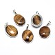Oval Platinum Plated Brass Natural Tiger Eye Pendants G-F228-15H-RS-1