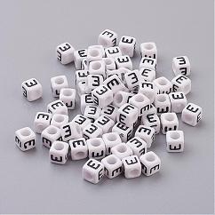Cuentas de letras de acrílico de agujero horizontal, cubo, blanco, letra e, tamaño: aproximamente 6 mm de ancho, 6 mm de largo, 6 mm de altura, agujero: aproximamente 3.2 mm, aproximamente 2600 unidades / 500 g