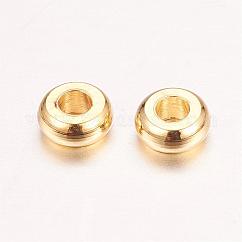 Real 18k cuentas espaciadoras de latón chapado en oro, sin níquel, plano y redondo, real 18k chapado en oro, 4x2mm, agujero: 1.5 mm