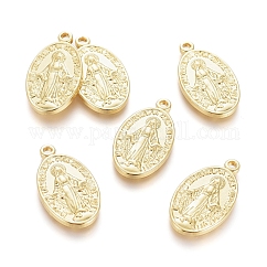 Pendentifs en laiton, Plaqué longue durée, médaille miraculeuse, ovale avec la Vierge Marie, véritable 18k plaqué or, 20.5x11.5x2mm, Trou: 1.4mm