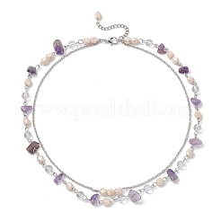 Halsketten mit natürlichen Amethystsplittern und Glas sowie handgefertigter Gliederkette aus Edelstahl 304 mit zwei Lagen für Damen&nbsp;NJEW-JN05363-01