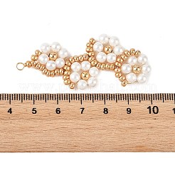 ガラスシードビーズビッグペンダント  花のつるのチャーム  ガラスパール、真鍮ビーズ、銅線を使用  ゴールド  57x25x4.5mm  穴：3mm&nbsp;PALLOY-MZ01392