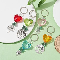 生命の木 合金 & 天然グリーン アベンチュリン チップ ペンダント キーチェーン  アクリルハートと鉄のスプリットキーホルダー付き  ミックスカラー  9.1~11.3cm&nbsp;KEYC-JKC00594
