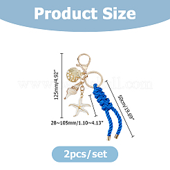 2個の海洋304ステンレス鋼エナメル＆合金＆ABSプラスチックパール＆スパイラルシェル＆ナイロン糸シェル形状ヒトデキーホルダー  キーリングとロブスタークロウクラスプ付き  ブルー  ゴールドカラー  125mm&nbsp;KEYC-HS00009