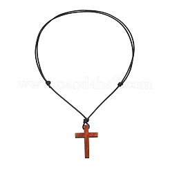 Colliers avec pendentif croix religieuse en bois ajustable et cordon ciré noir pour femmes et hommes&nbsp;FS-WGC7380-01