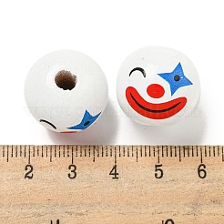プリントウッドヨーロピアンビーズ  ピエロ模様の丸型  ホワイト  19~20mm  穴：4~5mm&nbsp;WOOD-G022-06G
