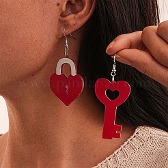 バレンタインデーのアクリルキーとロックのダングルイヤリング  プラチナ  左右  レッド  68x34mm&nbsp;FS-WGE7447-05