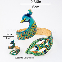 Conjuntos de brazalete y anillo de hierro esmaltado con diseño de pavo real para mujer.&nbsp;WG60250-01