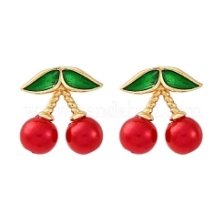 Pendientes de botón con perlas de plástico ABS y latón color cereza&nbsp;EJEW-U062-04B-02G