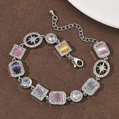 Браслеты-цепочки из латуни с микропаве из кубических цирконий и кошачьего глаза прямоугольной&nbsp;BJEW-G764-08P