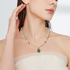 Collier pendentif lampwork arbre de noël avec des chaînes de fleurs de graines de verre pour les femmes&nbsp;NJEW-TA00070