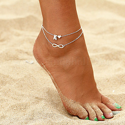 Bracelet de cheville double couche en alliage avec pendentif initial en forme de cœur infini pour femme&nbsp;FS-WG74AE6-11