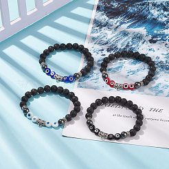 Bracelet extensible en pierre de lave naturelle et hématite synthétique avec perle mauvais œil au chalumeau&nbsp;BJEW-JB08308