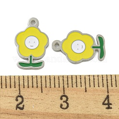 304ステンレススチールチャーム  エナメル  笑顔のチャーム付きフラワー  ステンレス鋼色  きいろ  13x8x1mm  穴：1mm&nbsp;STAS-L022-435P-02